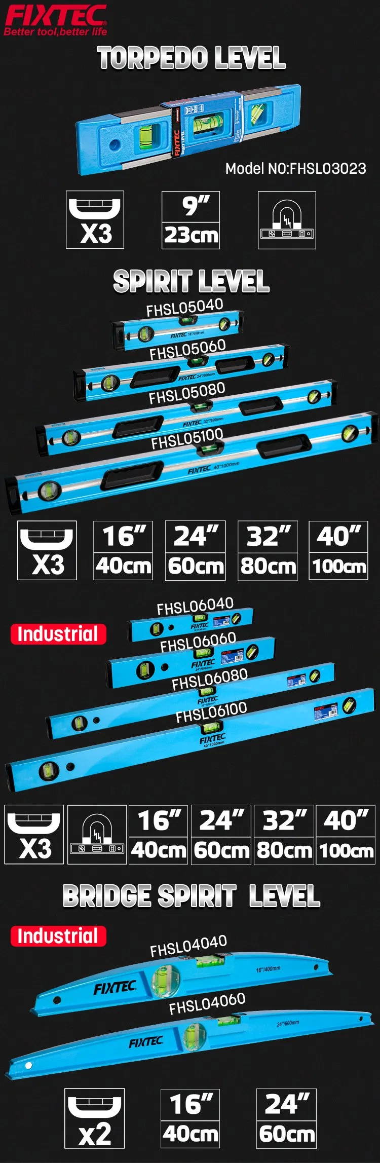 Fixtec Heavy Duty Aluminum Frame 1.8mm Thickness 16′′/24′′/32′′/40′′ Digital Spirit Level with 3 Bubbles